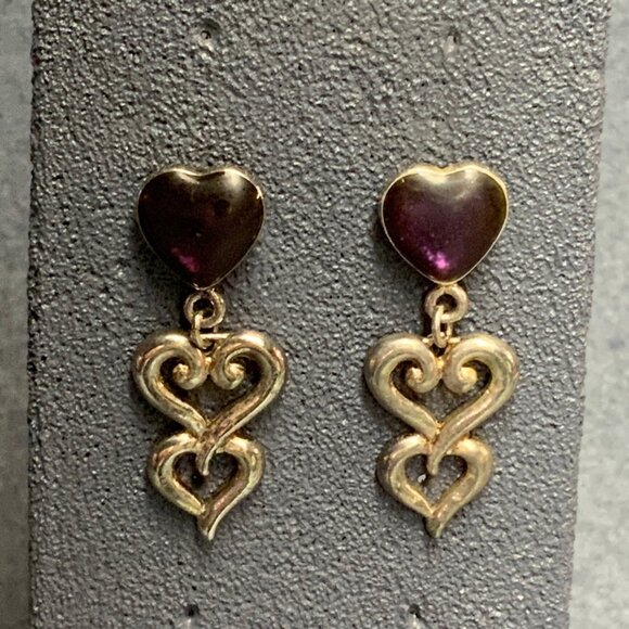 Dangle Pierced Earrings 1.5 In Swirled Purple Heart Silver Chic Valentine Retro - Picture 1 of 4